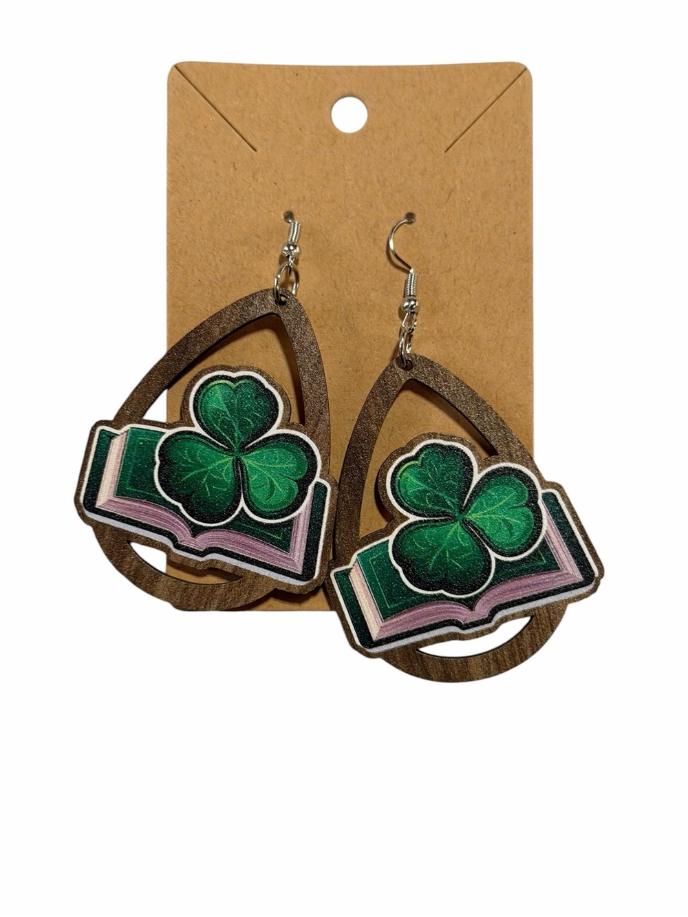 Green Clover Bookwood Drop Earrings - Women Jewelry